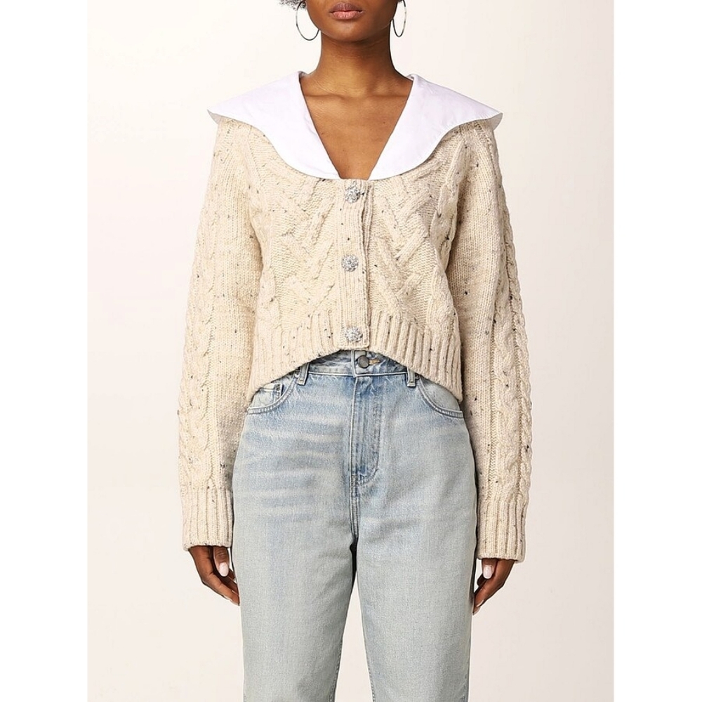 Ganni Wool Cable Knit Collared Sweater Cardigan